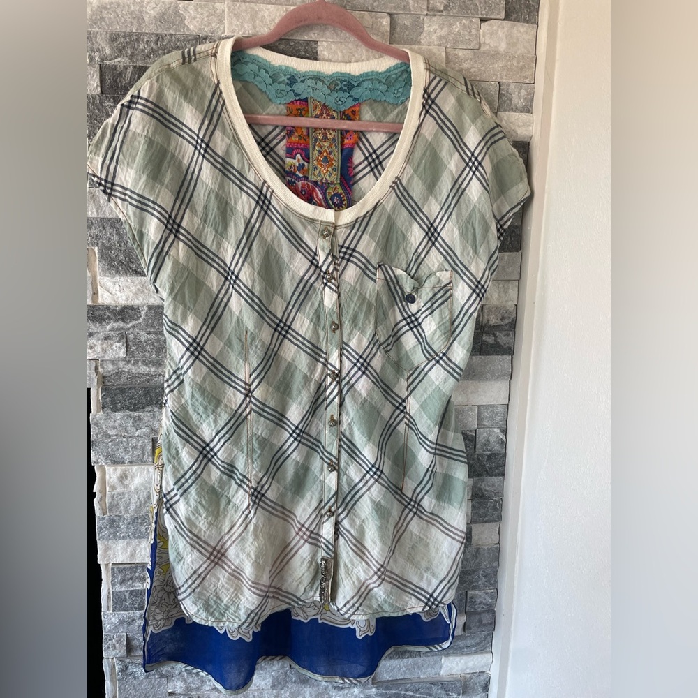 Women’s ARATTA Short Sleeve Plaid Pattern Shirt Tunic Top-Green & Blue-Large